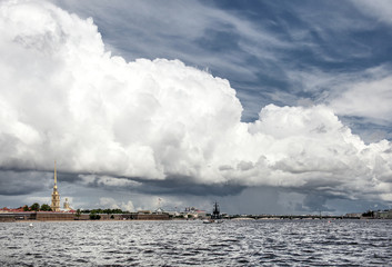 Panoramic cloudy view to St. Peter and Paul Cathedral. Saint-Petersburg. Russia