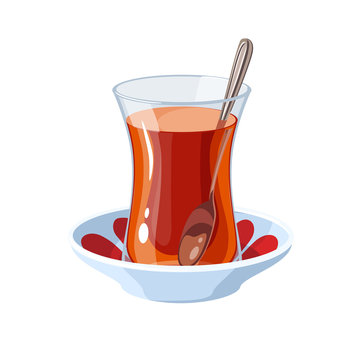 A glass of traditional Turkish tea with a teaspoon on a saucer. Vector illustration flat cartoon icon isolated on white.