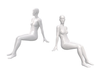 Mannequin of the female body. White plastic 3d illustration realistic model of a mannequin for a store. A woman is sitting on the surface. Side and front views. Clothes sale. Shop window decor.