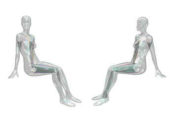 Female transparent sedentary mannequin. Invisible body. Transparent multi-colored glass human figure. 3D illustration isolated on a white background. Side views.