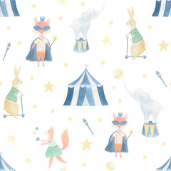Cute animal circus seamless pattern. Watercolor magical fox, rabbit, squirrel, bear, elephant hand painted background. Cartoon carnival animals. Children, nursery, kids textile, fabric.  Magic show. 