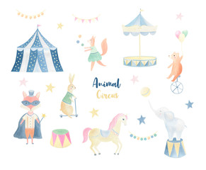 Cute animal circus hand painted isolated clip art set. Magic watercolor  fox, rabbit, squirrel, bear, elephant, cicus tent. Big circus collection. 