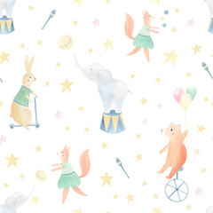 Cute animal circus seamless pattern. Watercolor magical fox, rabbit, squirrel, bear, elephant hand painted background. Cartoon carnival animals. Children, nursery, kids textile, fabric.  Magic show. 