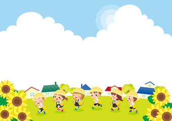 Obraz na płótnie Canvas 夏の晴れた日に走り回る可愛い幼稚園児たち