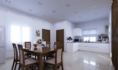Fototapeta na wymiar 3d render of modern living and dining space