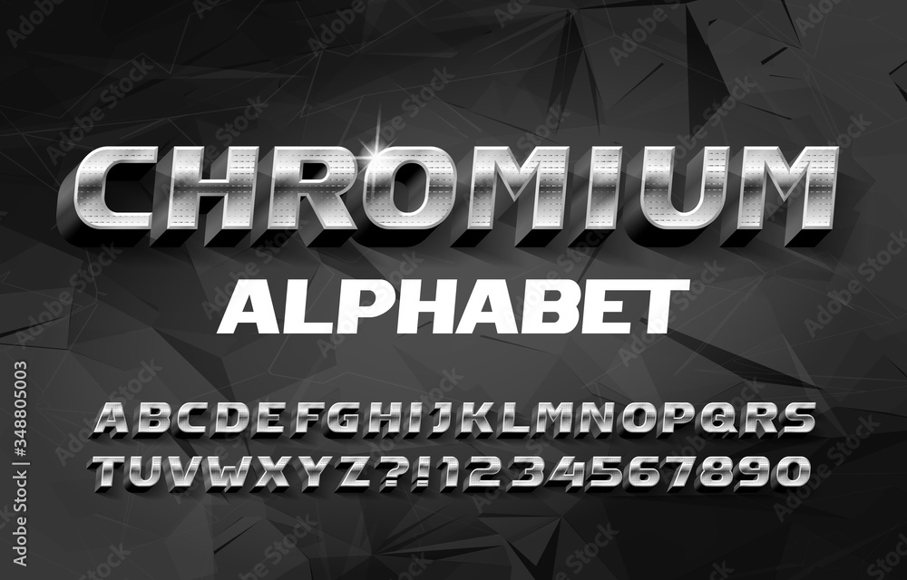 Fototapete chromium alphabet font. 3d metal effect letters and numbers with shadow. abstract polygonal backgrou