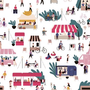People at market seamless pattern vector flat illustration. Crowd of man and woman walk, buy, eat fast food and rest at local fair on white background. Marketplace between stalls or kiosks