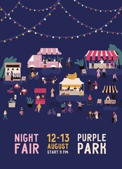 Obraz premium Promo of night fair with place for text vector flat illustration. Colorful people spending time at street market poster isolated on black. Man woman and couples walk between kiosk or stalls