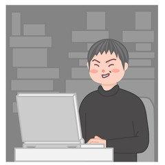 パソコンを使って悪巧みをする男性