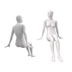 Female white plastic fashion mannequin in a sitting pose. Back and front views. Shop window decor. 3d illustration isolated on a white background.