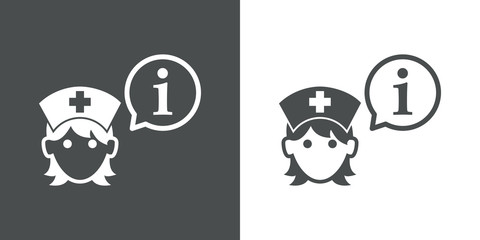 Símbolo de información sanitaria. Icono plano lineal i en gobo de habla y enfermera con cofia en fondo gris y fondo blanco
