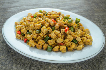 Oseng tempe or stir fry tempeh. Indonesian traditional food made from tempeh, chili, garlic and other ingredients. have good nutrition for the body.