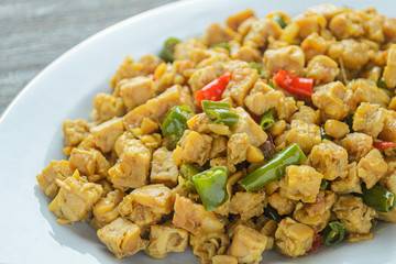 Oseng tempe or stir fry tempeh. Indonesian traditional food made from tempeh, chili, garlic and other ingredients. have good nutrition for the body.
