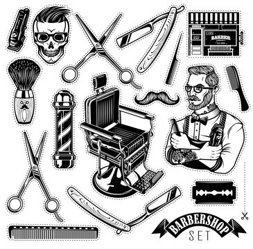 Set of Vintage Barbershop Emblems, Labels and Logos.The Barber with Hair Clipper and Hairbrush. Vintage Barber Chair. Vector Illustration.