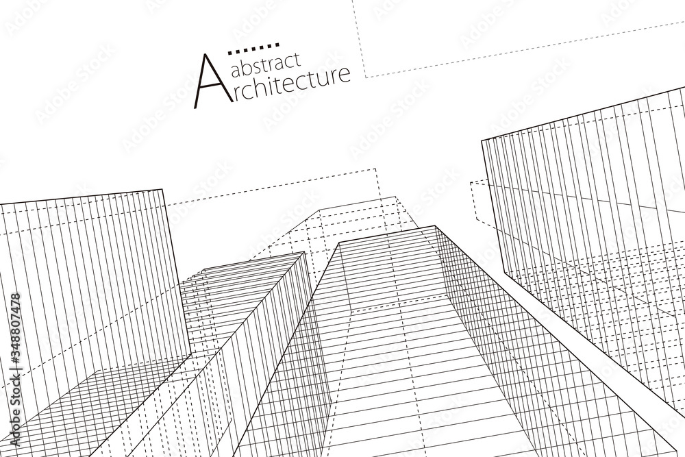 Poster Modern architecture urban 3D illustration. Architecture building construction perspective line drawing design abstract background.
