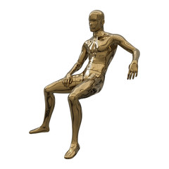 Golden shiny human figure. Male mannequin in a sitting pose. Beautiful golden male body. Side view. 3d illustration isolated on a white background.