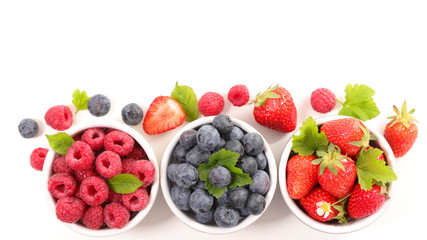 assorted of berry fruit- blueberry, strawberry and raspberry isolated on white background