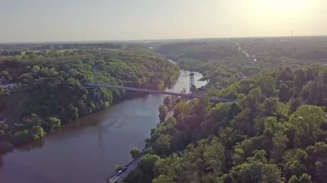 Aerial view of a foot bridge in the city of Zhytomyr, Ukraine over the Teterev River