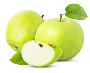 three green apple sliced isolated on a white background