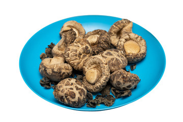 Dried Shiitake Mushroom on blue plate. Isolated on white background