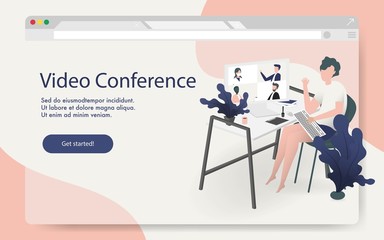 Video conference landing page. People on computer screen taking with colleague via internet. Video conferencing and online meeting workspace vector concept design.