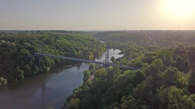 Aerial view of a foot bridge in the city of Zhytomyr, Ukraine over the Teterev River