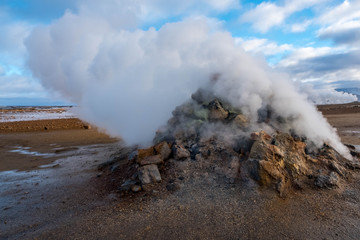 Water vapor coming out of the chimneys of Hverir in Iceland