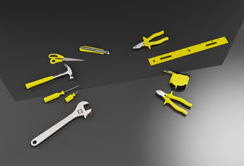 Many yellow hand tools on a black background, there is space for your ad in the center.