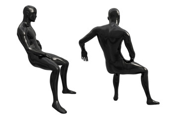 Seated mannequin for clothes in black plastic color. Male elegant figure sits on the surface. Window dressing. Shop equipment. 3d illustration isolated on a white background.