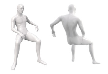 Male white plastic fashion mannequin in a sitting pose. Back and front views. Shop window decor. 3d illustration isolated on a white background.