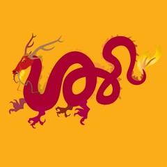 Fototapeta premium Golden Red Chinese dragon on orange, tangerine color background. Vector picture, card, design with a mythical animal.