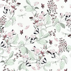 Hand-drawn twigs with flowers and leaves of apple and lilac on a light blue satin background. Tender spring seamless vector pattern. Square repeating design for fabric and wallpaper