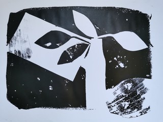 monoprint black white leaves vase