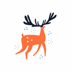 Cute deer hand drawn flat vector illustration. Majestic stag cartoon character. Adorable forest animal with large horns isolated on white background. Creative childish t shirt print design