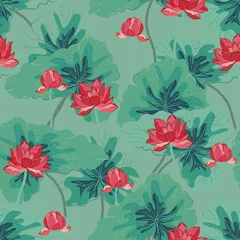 Fotobehang Red lotuses with large green leaves on a gentle light green, aquamarine, turquoise background. Vector seamless floral pattern.  © Galina Trenina