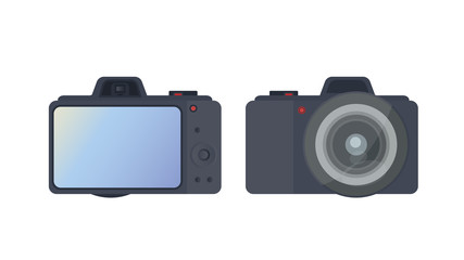 Set of black camera. Large screen camera isolated on a white background. Foreground and background. Vector.