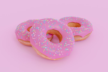 3D Render - Deep fried donut with icing sprinkle on top. Doughnut with strawberry frosting on pink background.
