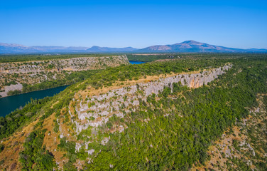 Aerial view of the plateau above Krka River canyon located in Promina County at Dalmatian Zagora in...
