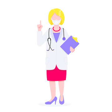 Doctor standing and hold clipboard and stethoscope with index finger flat style design vector illustration isolated on white background. Medical center hospital employee.