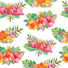 Seamless watercolor pattern of tropical leaves, flowers, fruits and birds. Hand painted pattern. Tropical summertime texture can be used as background, wrapping paper, textile or wallpaper.
