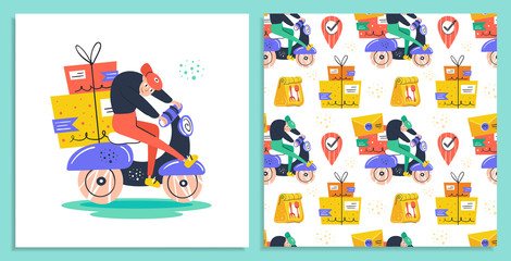 Man driving on delivery scooter.  Fast delivery. Fast post mail service. Self isolation, protection. Flat colourful vector illustration, art isolated on white background. Delivery seamless pattern.