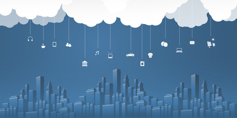 Fototapeta premium Smart City, Cloud Computing Design Concept with Icons, Cityscape and Clouds - Digital Network Connections, Technology Background - Monochrome, Retro Style