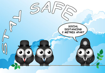 Comical bird social distancing message with UK spelling on cloudy sky background 