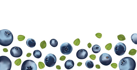 Background blueberry. Freshly picked blueberry with green leaf. Organic food.Texture blueberry. Useful ripe blueberry rich vitamins. 3D realistic illustration