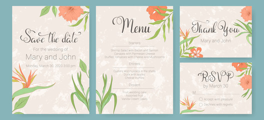 Set of wedding invitations with tropical flowers. Card Save the date, Menu, Thank you and RSVP