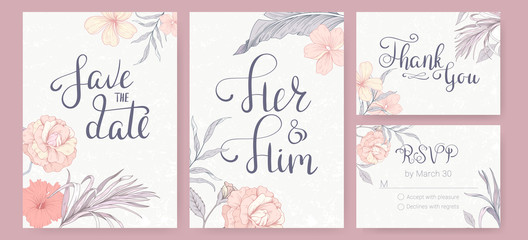 Obraz na płótnie Canvas Set of wedding invitations with tropical flowers. Card Save the date, Her and Him, Thank you and RSVP