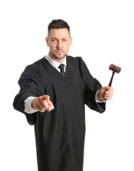 Strict male judge on white background