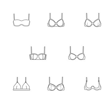 Lingerie flat line icons set. Bras types, woman underwear, vector illustrations. Thin signs for clothes store.