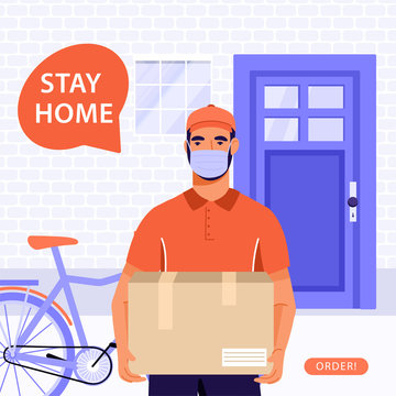 Contactless delivery service and stay home concept. Man courier with delivery box in respiratory mask. Delivery parcel to door. Online order during quarantine. Vector banner illustration.