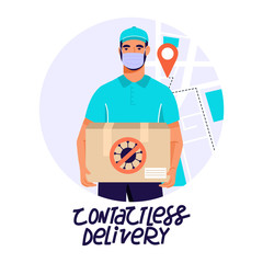 Contactless delivery service concept. Man courier with delivery boxes in respiratory mask. Online order during quarantine. Vector illustration with lettering.